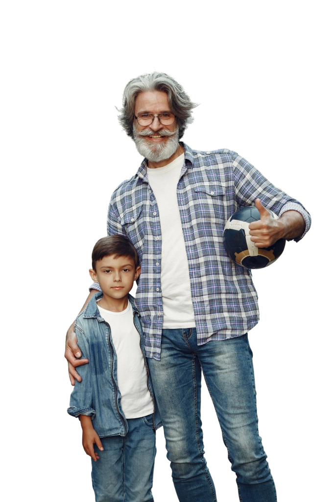 boy grandfather are walking park old man playing with grandson family playing with ball
