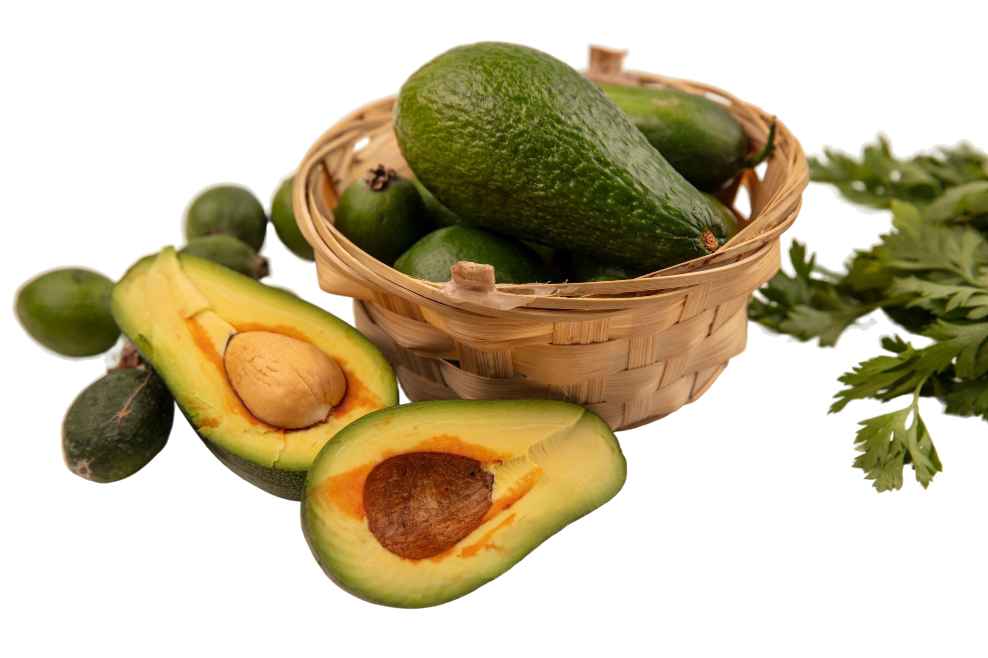 top view bright fresh avocados bucket with feijoas with half avocados isolated white surface